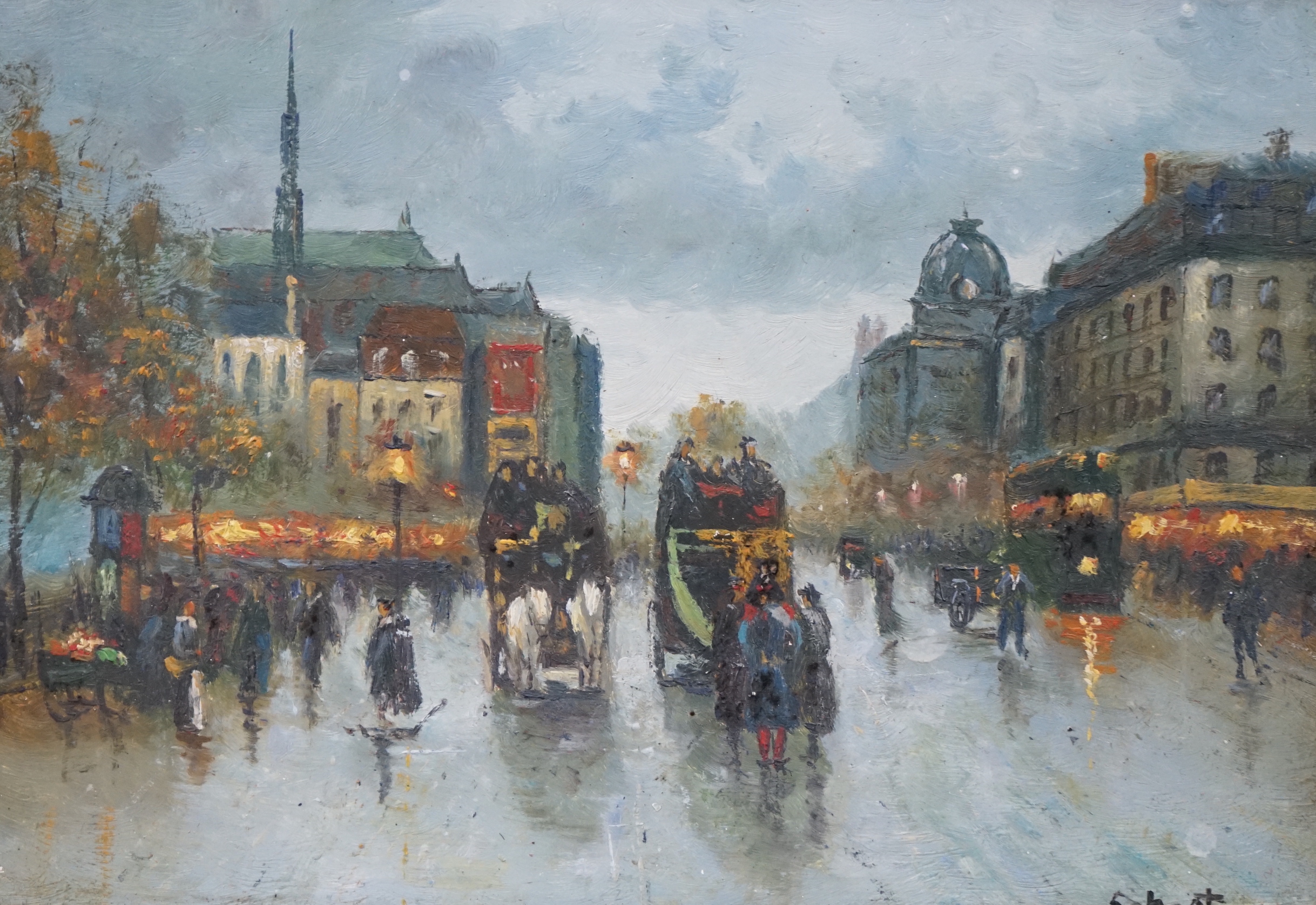 Sebastian (French b.1931), oil on board, Parisian Street Scene, gilt frame, 12 x 17cm